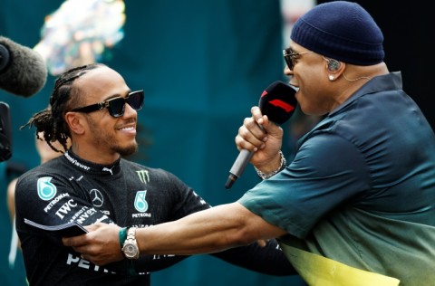 Mercedes drive Lewis Hamilton greets LL Cool J on the grid prior to the Miami Grand Prix on Sunday