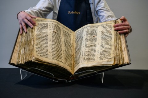The 'Codex Sassoon' Bible is displayed at Sotheby's in New York in February 2023