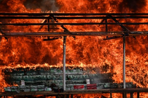 A pile of seized illegal drugs burns during a destruction ceremony to mark the UN International Day against Drug Abuse and Illicit Trafficking last year
