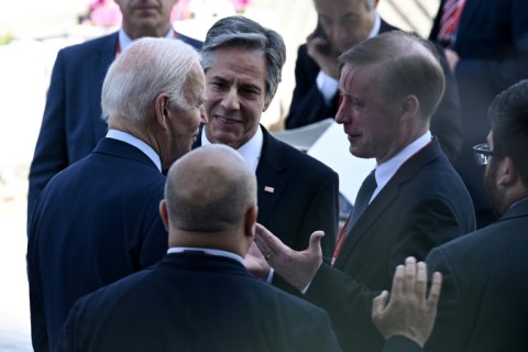 US National Security Adviser Jake Sullivan (R) -- seen with US President Joe Biden (L) and US Secretary of State Antony Blinken (C) at the G7 Summit in May 2023 -- has offered to maintain current nuclear warhead limits with Russia