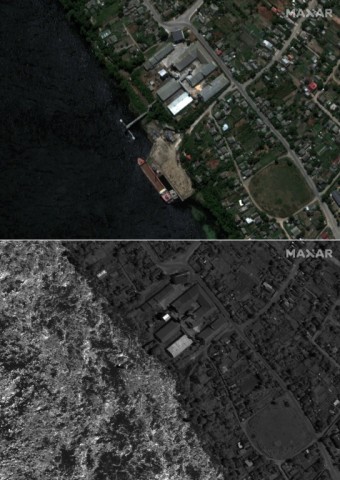 This combination of handout satellite images courtesy of Maxar technologies shows Nova Kakhovka (top) along the Dnipro river in Kherson on May 15, 2023 and the same town with the shipping dock washed away on June 6, 2023