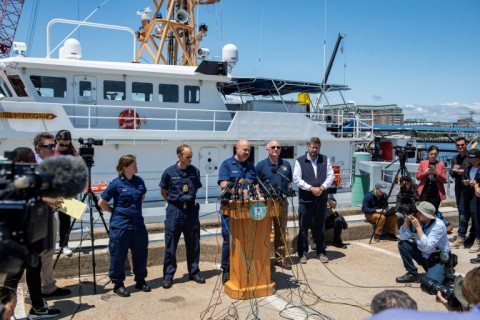 US Coast Guard Captain Jamie Frederick briefs reporters in Boston on the search for the Titan submersible 