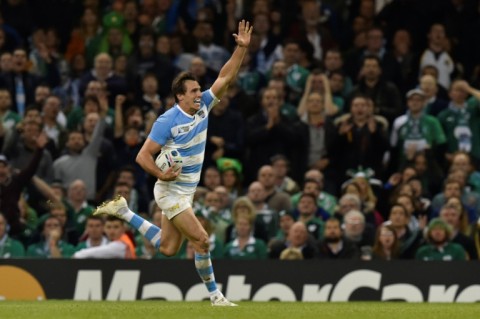 Juan Imhoff celebrating his second try as Argentina beat Ireland in a World Cup quarter final in Cardiff in 2015