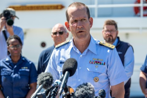 US Rear Adm. John Mauger, the First Coast Guard District commander, speaks at a press conference at the US Coast Guard Base Boston in Boston, Massachusetts, on June 22, 2023