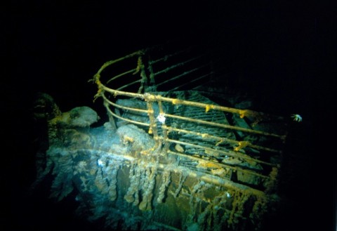 A handout image taken during the historical 1986 dive, courtesy of WHOI (Woods Hole Oceanographic Institution) and released February 15, 2023, shows the Titanic bow