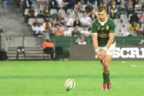 Handre Pollard kicks a penalty for South Africa against Wales during a 2022 Test in Cape Town.

