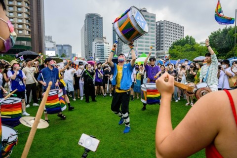 Participants gather at City Hall Plaza during a Pride event in support of LGBTQ rights during the Seoul Queer Culture Festival in 2022