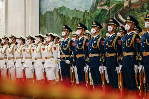 Chinese honor guards take formation at the Great Hall of the People in Beijing on June 28, 2023 