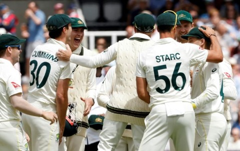 Australia celebrate the wicket of England's Jonny Bairstow for 10 runs on day five of the second Ashes cricket Test at Lord's in London