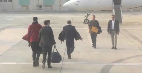 US basketball star Brittney Griner (L) was released in December by Russians in Abu Dhabi in exchange for Russian arms dealer Viktor Bout (2ndR), who had been imprisoned by the United States