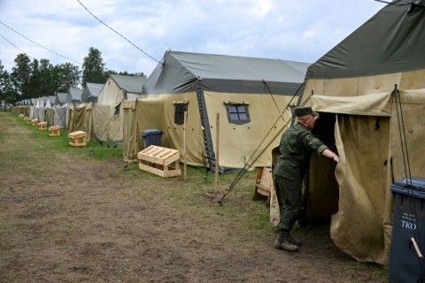 A view of a tent camp site near Asipovichy in Belarus