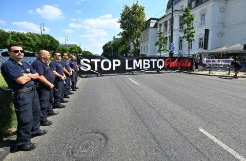 Members of a far-right group protest against Budapest's Pride Parade