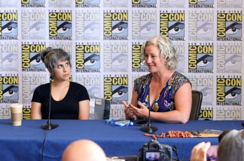 Cissy Jones (R), who works on animated TV series 'The Owl House,' speaks during 2023 Comic-Con in San Diego on July 21, 2023