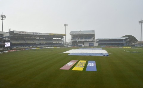 Rain delays play during the fifth and final day of the second Test cricket match between India and West Indies at Queen's Park Oval