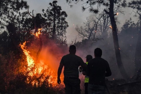 Firefighters near the town of Melloula in northwestern Tunisia close to the border with Algeria on July 24, 2023