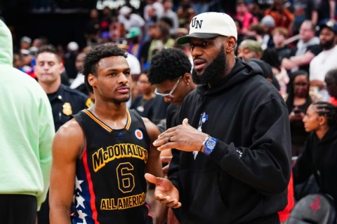Bronny James (left), the son of NBA star LeBron James (right), suffered a cardiac arrest while practicing with his college team