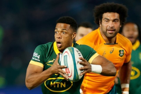 South Africa scrum-half Grant Williams (L) breaks during a Rugby Championship victory over Australia in Pretoria on July 8, 2023.