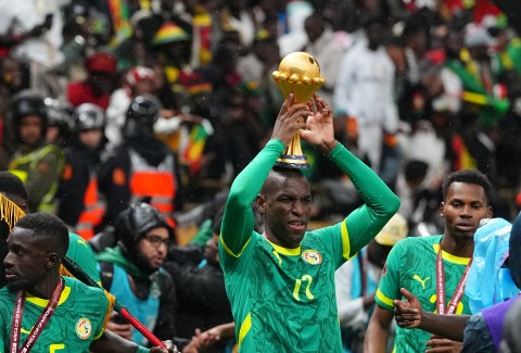 Nicolas Jackson of Senegal celebrates after the AFCON final between Morocco and Senegal. Ulrik Pedersen/NurPhoto via AFP