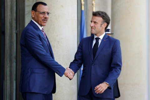 French President Emmanuel Macron, right, and Niger President Mohamed Bazoum at the Elysee Palace on July 23. Little more than a month later, Bazoum was overthrown