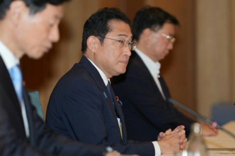 Japan's Prime Minister Fumio Kishida at a meeting with fisheries representatives before a decision about the release of treated water from the crippled Fukushima nuclear plant