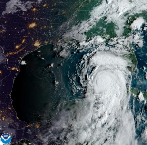 This image obtained from the National Oceanic and Atmospheric Administration, shows Hurricane Idalia (C R) moving into the Gulf of Mexico on August 29, 2023