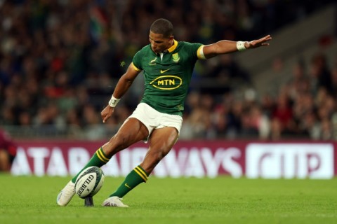 South Africa fly-half Manie Libbok kicks a conversion