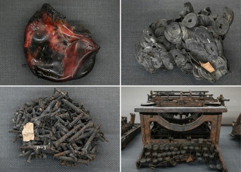 This combination of photos shows (clockwise from top L) glass, coins, a typewriter and screws which melted or were badly damaged by the fire storm following the 1923 earthquake
