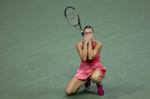 Belarus's Aryna Sabalenka celebrates her win over USA's Madison Keys to reach the US Open final