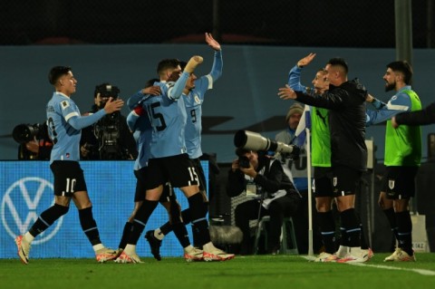 Uruguay's midfielder Nicolas De La Cruz celebrates one of his two goals in the 3-1 win over Chile