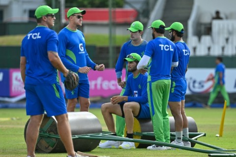Pakistan's bowling coach Morne Morkel (2L) speak with Shaheen Shah Afridi (C), Naseem Shah (3L) and Hasan Ali (R) attends a practice session at the Sinhalese Sports Club (SSC) Ground in Colombo 
