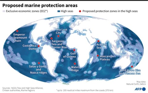 World map showing exclusive economic zones and priority marine zones to protect, according to non-government organisations, the Pew Research Centre and the High Seas Alliance