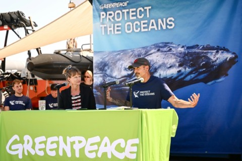 Marine experts and Greenpeace activists speak during a launch event for a Greenpeace report calling for ratification of a global oceans treaty to protect marine biodiversity and fish stocks