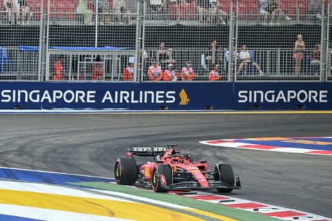 Ferrari's Monegasque driver Charles Leclerc sets the pace during the first practice session of the Singapore Grand Prix