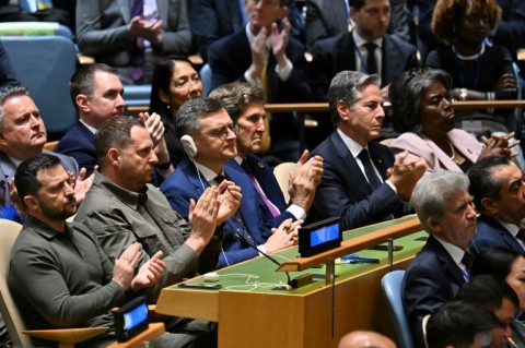 Ukrainian President Volodymyr Zelensky and other officials listen to US President Joe Biden address the UN General Assembly