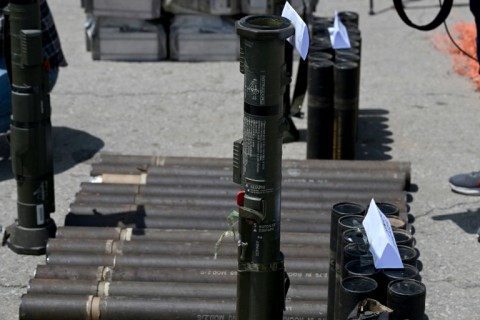 An AT4 anti-tank rocket launcher is displayed by authorities