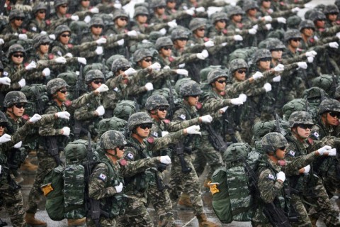 South Korean troops march during an Armed Forces Day ceremony at a military base south of Seoul