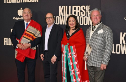 (L-R) Osage Nation leader Geoffrey Standing Bear, writer David Grann, Julie Standing Bear and Osage designer, Chad Renfro, at the movie's preview