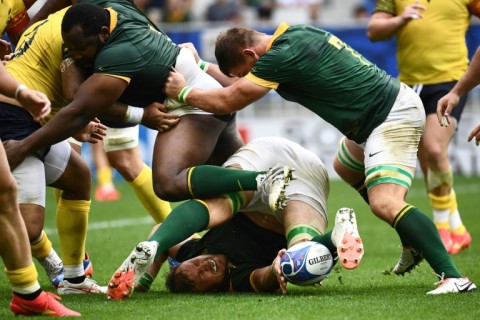 South Africa's Vermeulen (C bottom) in action during the Rugby World Cup Pool B match against Romania in Bordeaux