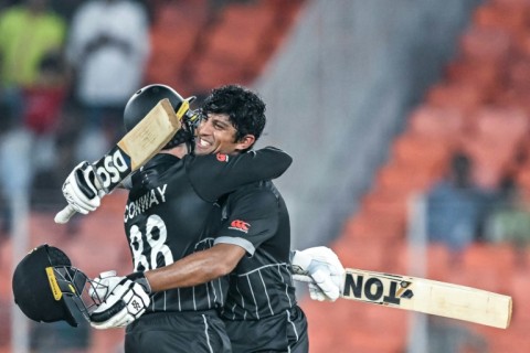 Match winners: New Zealand's Rachin Ravindra (right) celebrates with Devon Conway 