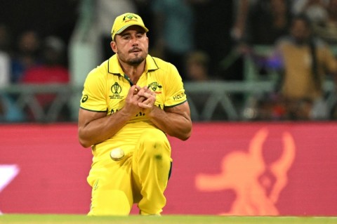 Drop zone: Australia's Marcus Stoinis drops a catch which would have seen the back of Marco Jansen