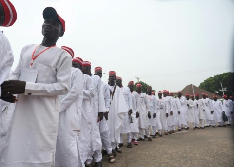 Grooms line up at the giant  wedding of 1,800 couples paid for and organised by Kano state authorities