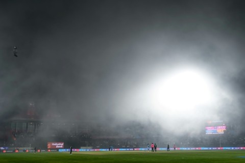 Fog stops play: Action is halted due to the poor weather in the World Cup game between India and New Zealand in Dharamsala