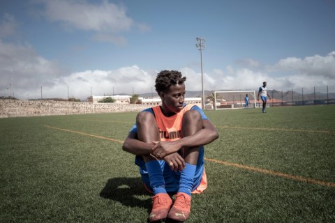 Mamadou Ndoye, a 17-year-old from Senegal who  dreams of becoming a professional footballer, at a training session on the Spanish island of Tenerife,