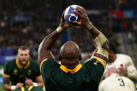 South Africa's hooker Bongi Mbonambi prepares to throw the ball in South Africa lineout
