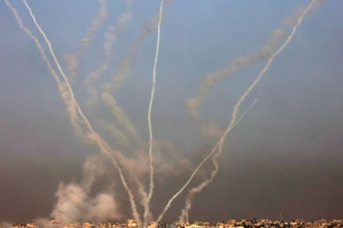 A salvo of rockets is fired from Gaza towards Israel 