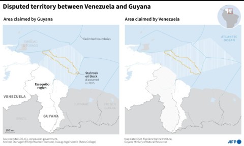 Map locating the Essequibo territory, disputed between Venezuela and Guyana