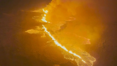 Aerials of volcano erupting in southwest Iceland