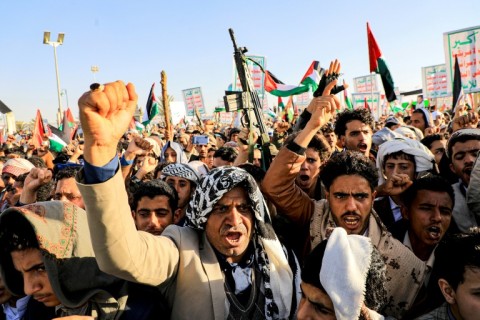 Yemenis chant slogans during a march in solidarity with the people of Gaza, in the Huthi rebel-controlled capital Sanaa 