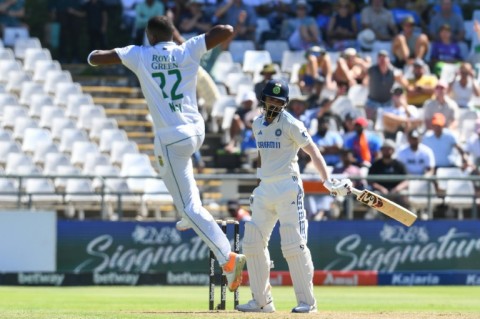 Lungi Ngidi (L) followed the dismissal of KL Rahul (R) with two more wickets in the same over as India lost their last six wickets without scoring