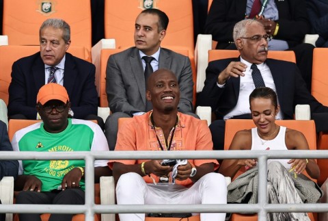 Ivory Coast legend Didier Drogba (C) attended the game in Abidjan